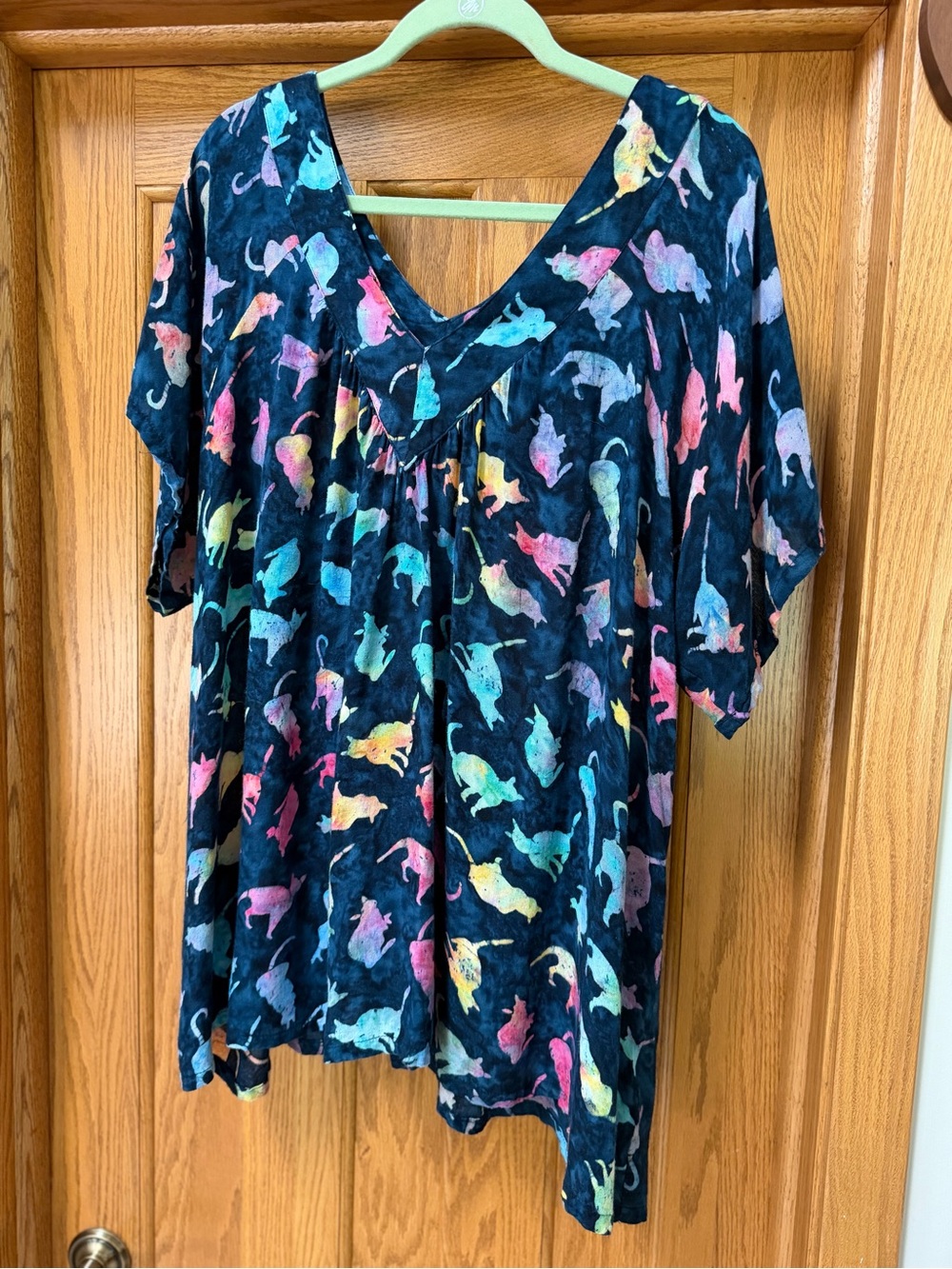 Flowy Boho Cat Print Tunic Animal Rescue Site Lightweight Rainbow Kitty Top 3X